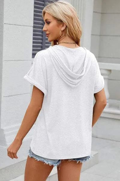 Half Button Drawstring Short Sleeve Hooded T-Shirt Women's T-Shirts - Tophatter Daily Deals